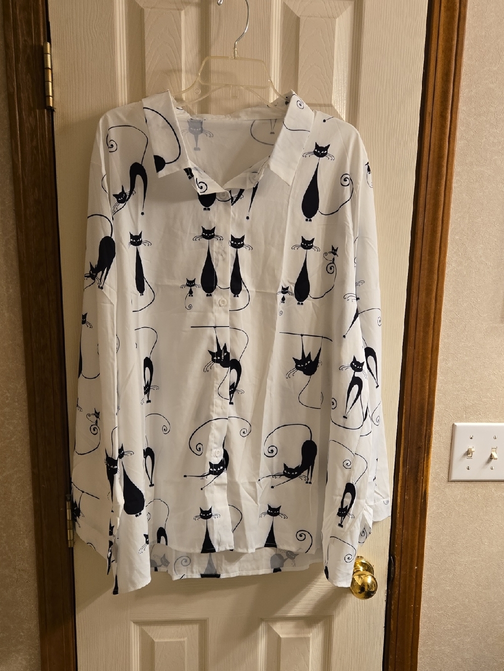 White Button-Up Blouse with Black Cat Print